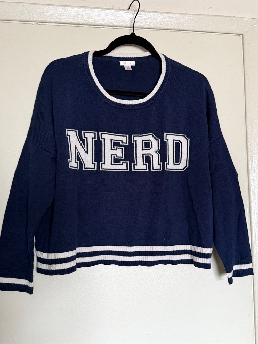 Xhilaration L Navy Crewneck Sweater with WHITE 'NERD' Graphic